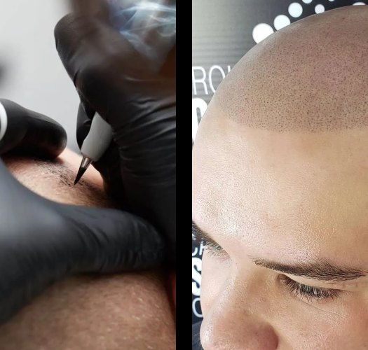 Split image: gloved hands using a pigment needle on skin, and a man's shaved head with a dotted stubble-like hairline.